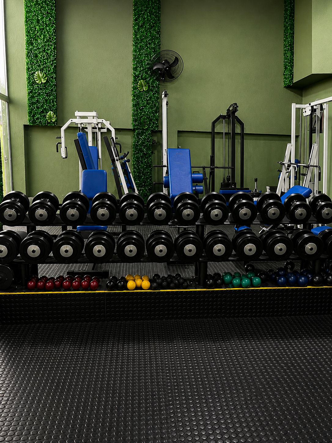 Estrutura de halteres e equipamentos do Raquiel Studio Fitness